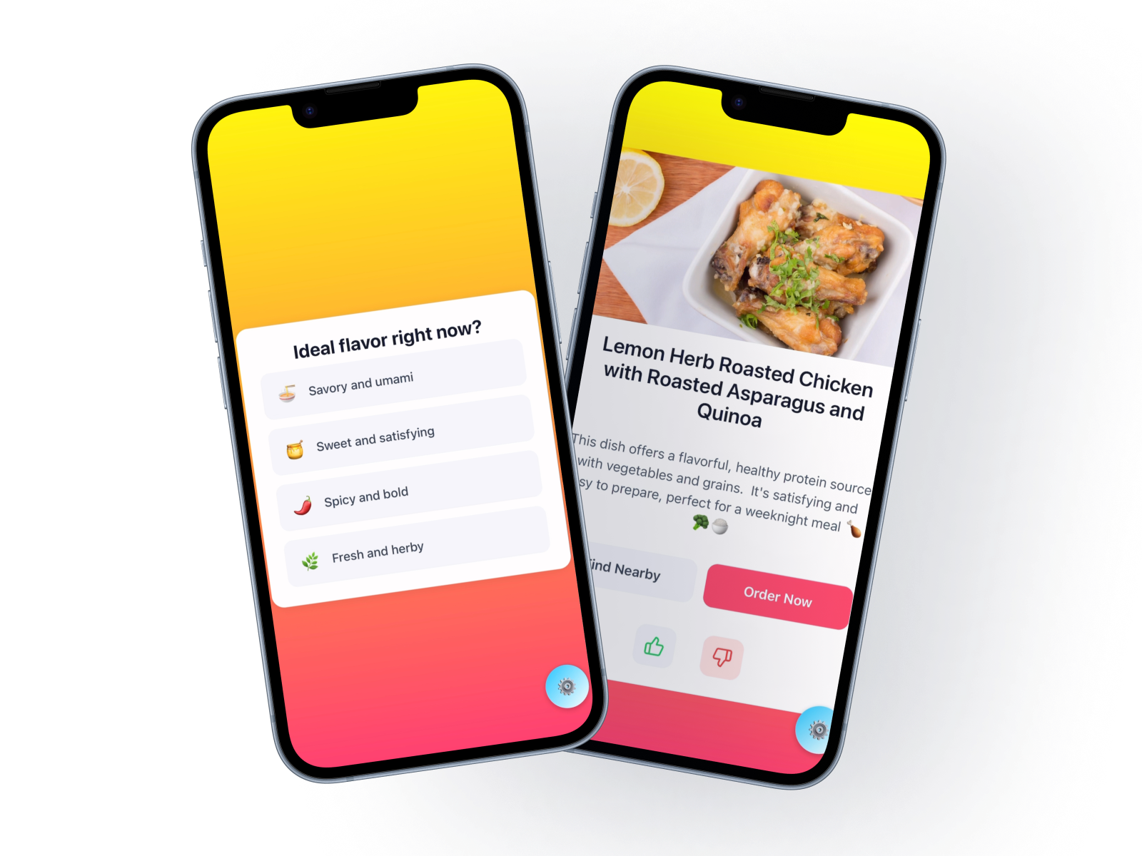 Moodish app interface showing mood-based food recommendations